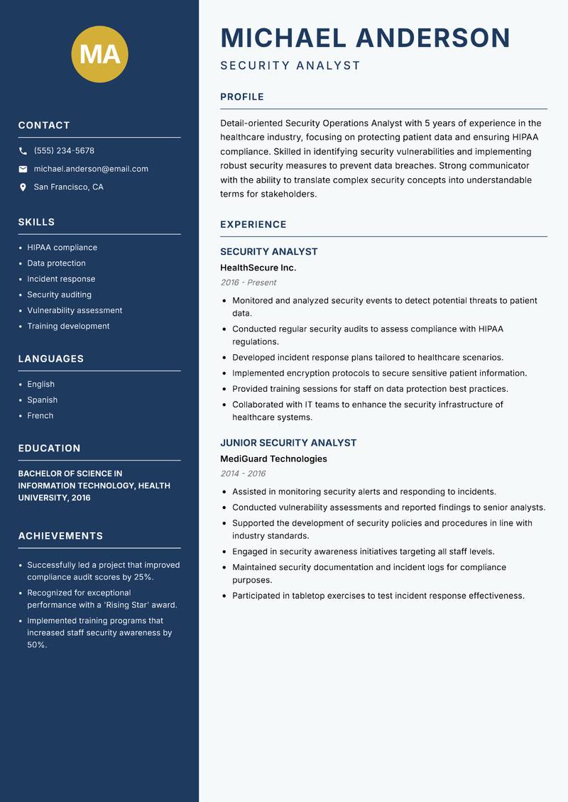 Security Operations Analyst resume template — Classic Clean