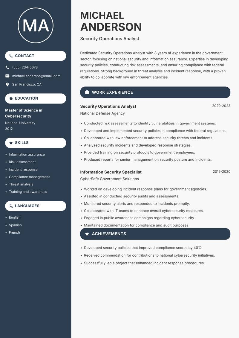 Security Operations Analyst resume template — Compact