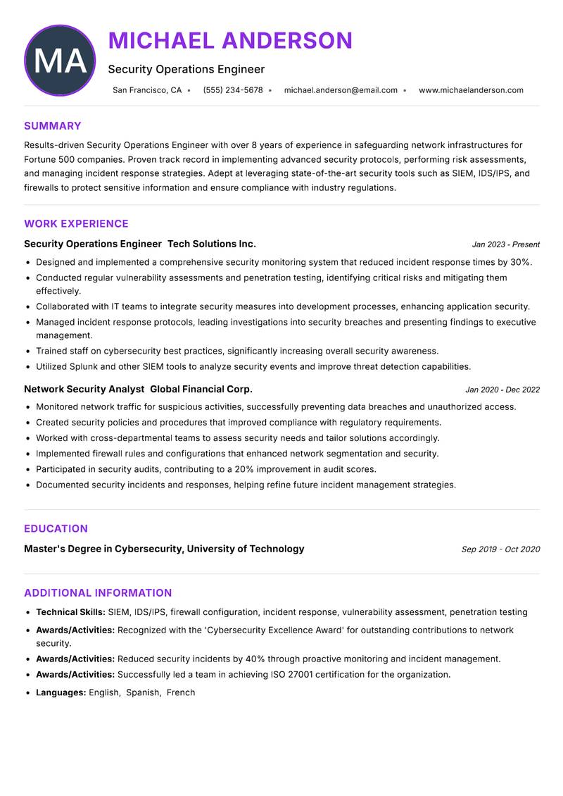 Security Operations Engineer resume example — ATS-friendly template