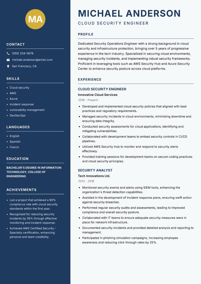 Security Operations Engineer resume template — Classic Clean