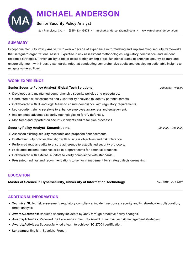 Security Policy Analyst resume example — ATS-friendly template