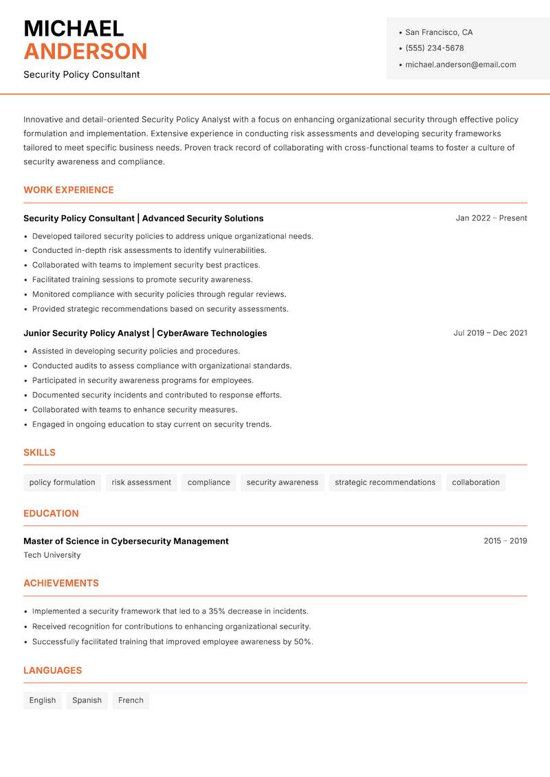 Security Policy Analyst resume template — Modern Professional