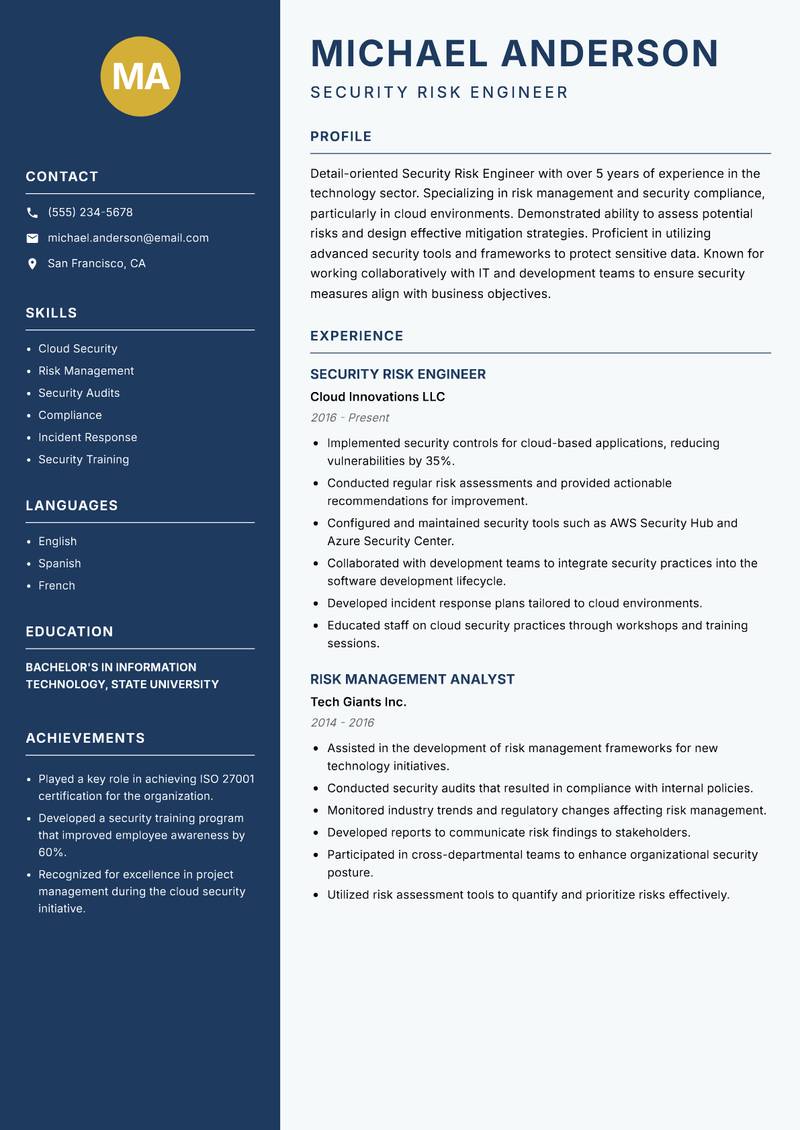 Security Risk Engineer resume template — Classic Clean