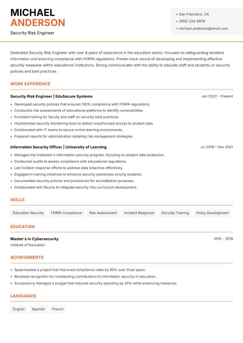 Security Risk Engineer resume template — Modern Professional
