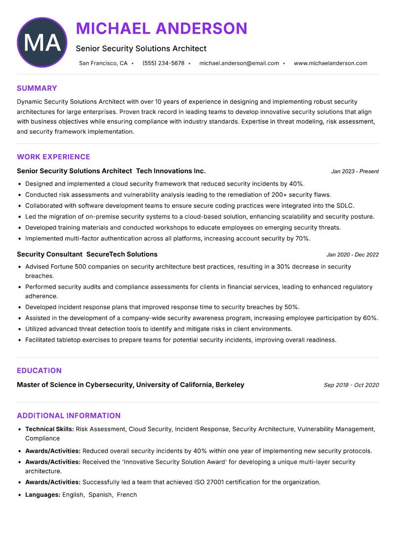 Security Solutions Architect resume example — ATS-friendly template