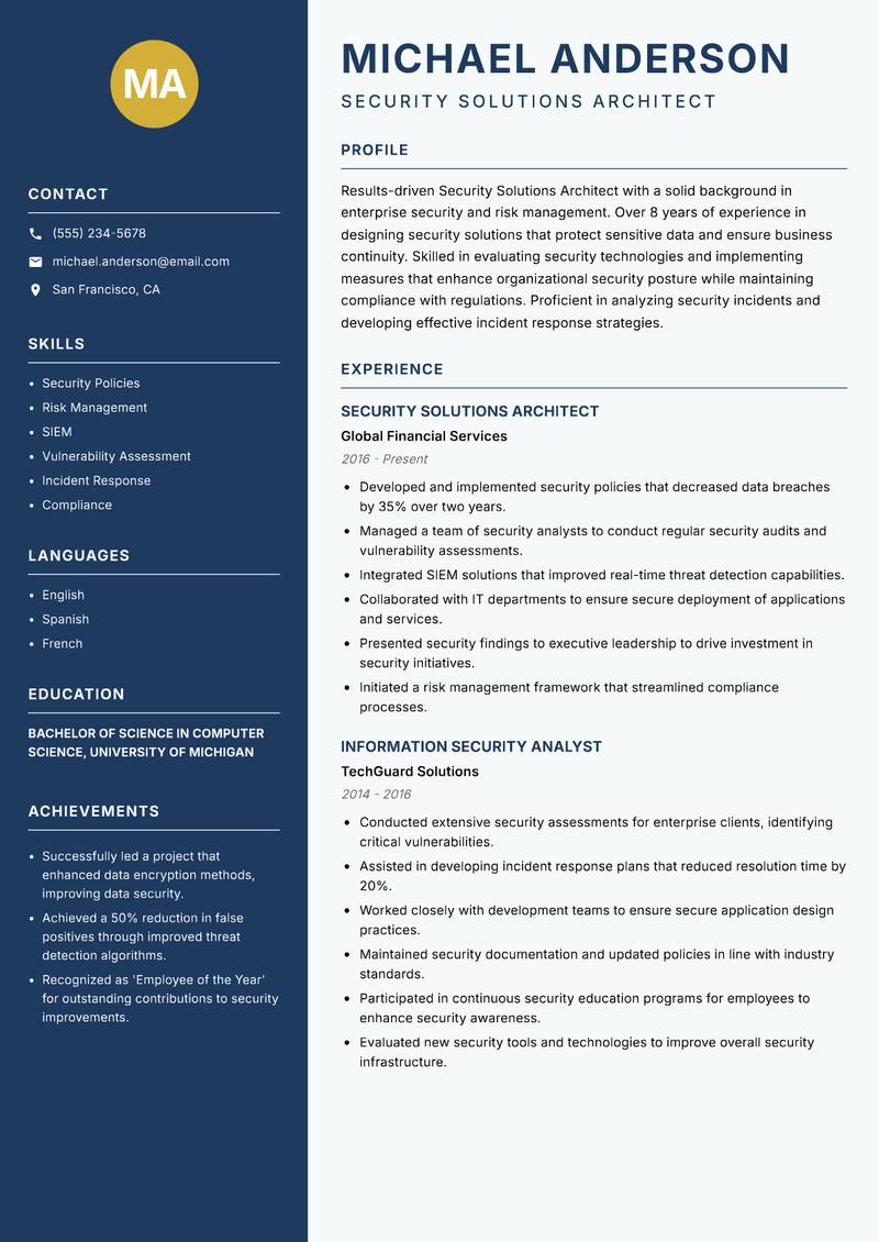 Security Solutions Architect resume template — Classic Clean