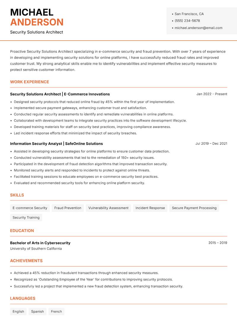 Security Solutions Architect resume template — Modern Professional