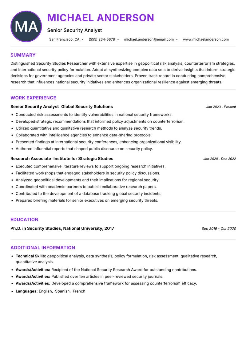 Security Studies Researcher resume example — ATS-friendly template