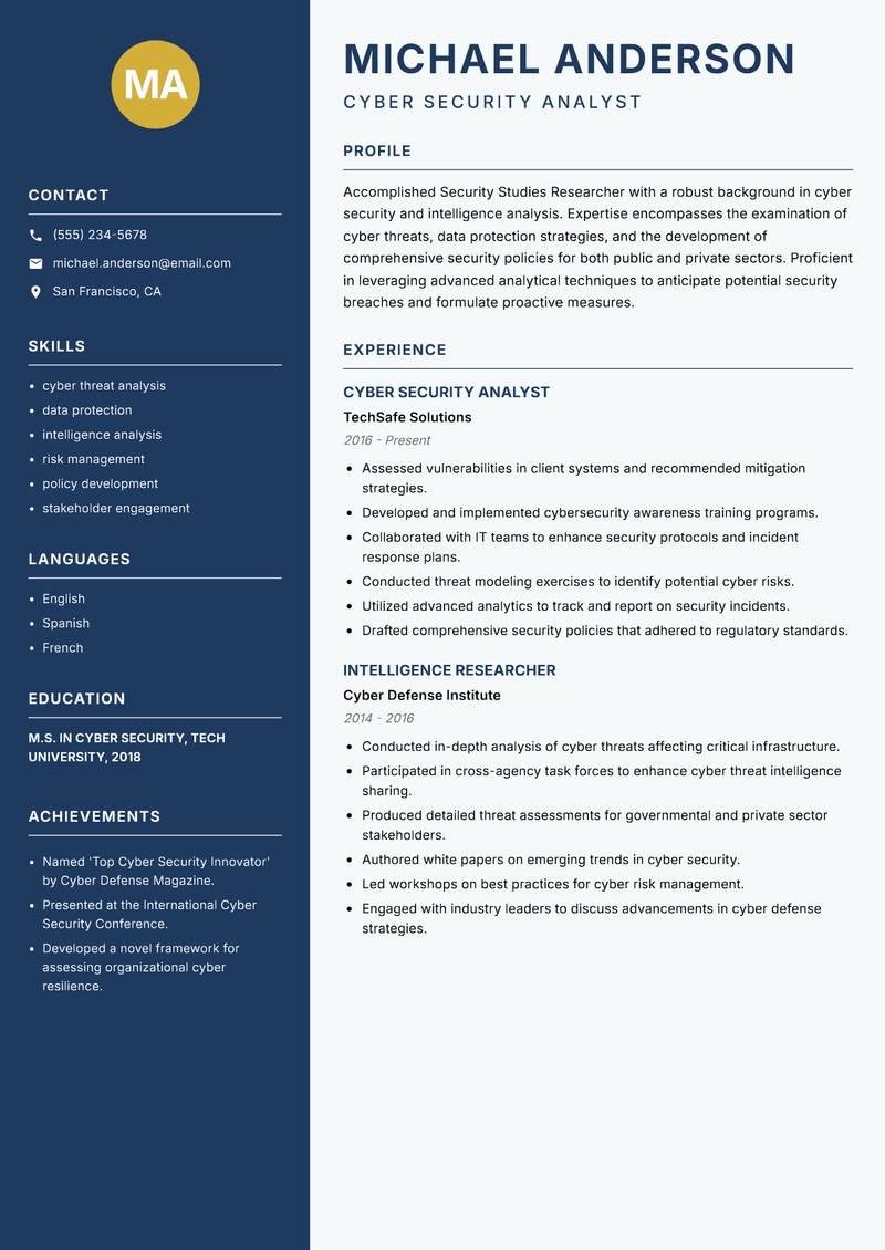 Security Studies Researcher resume template — Classic Clean
