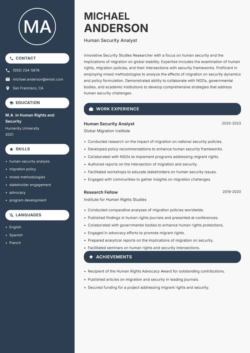 Security Studies Researcher resume template — Compact