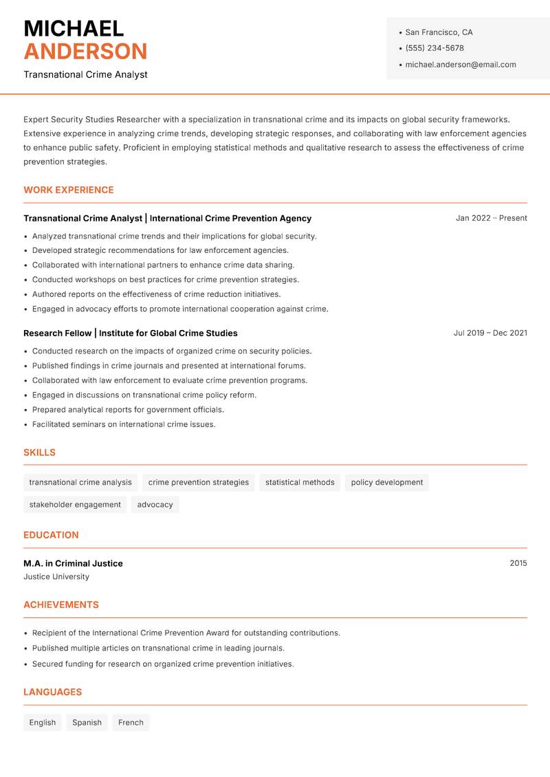 Security Studies Researcher resume template — Modern Professional