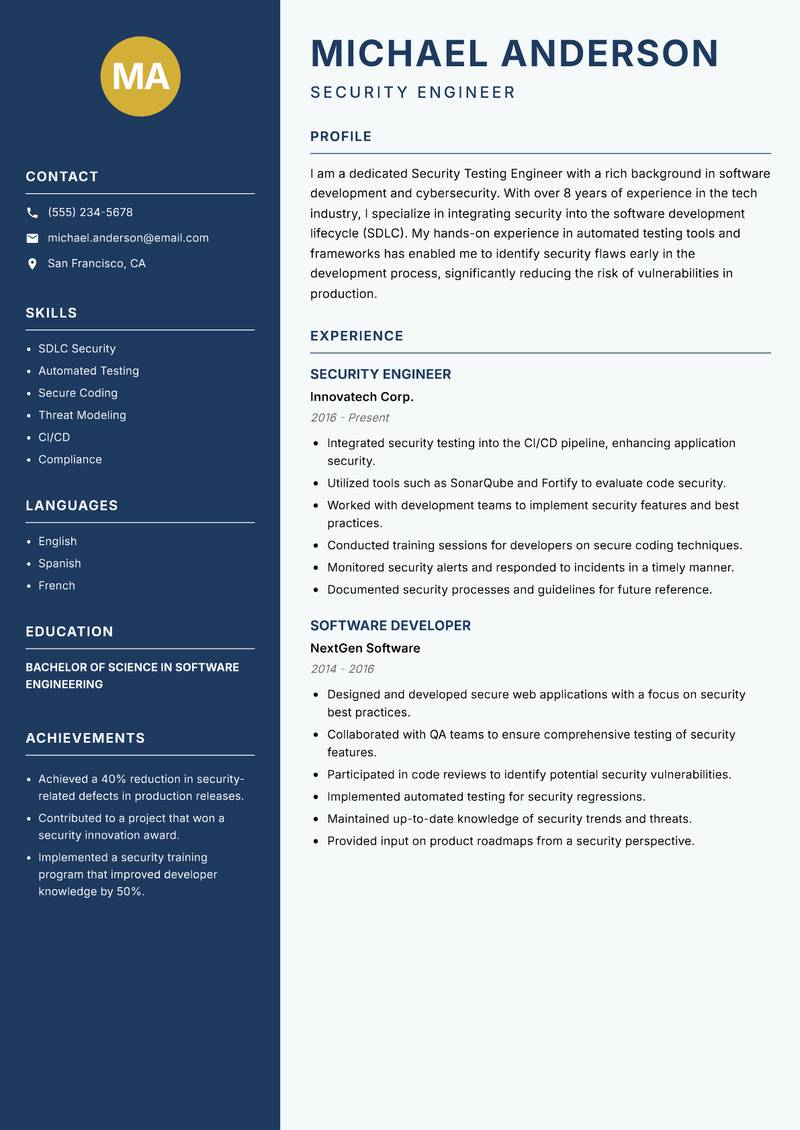 Security Testing Engineer resume template — Classic Clean