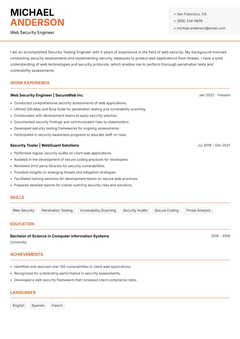 Security Testing Engineer resume template — Modern Professional