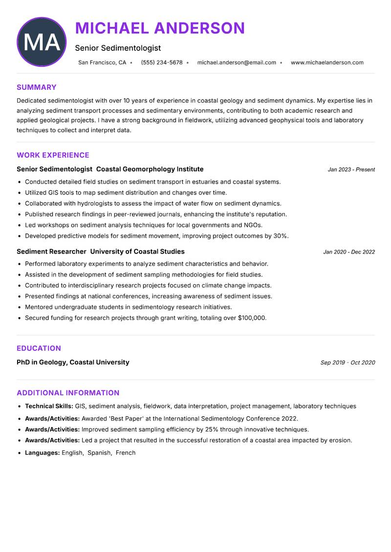 Sedimentologist resume example — ATS-friendly template