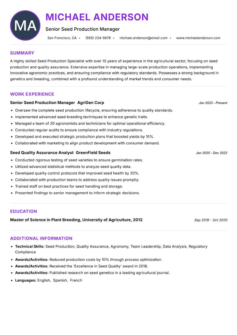 Seed Production Specialist resume example — ATS-friendly template