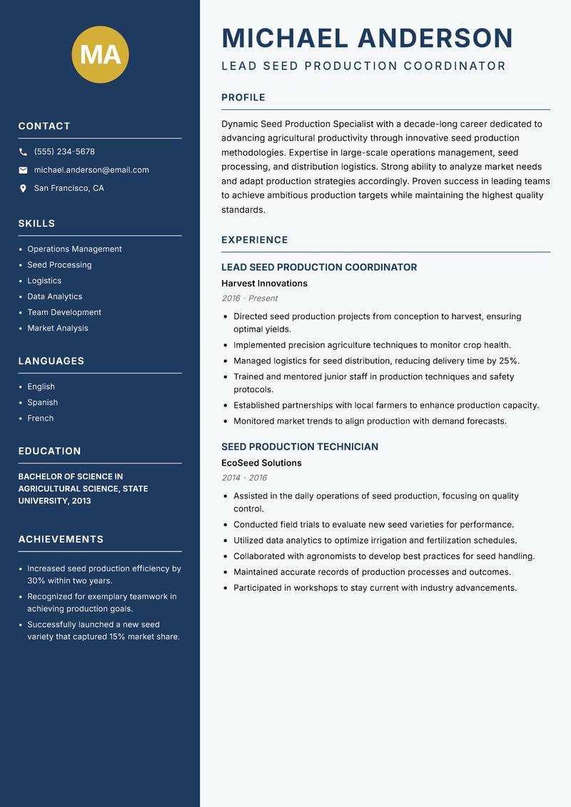 Seed Production Specialist resume template — Classic Clean