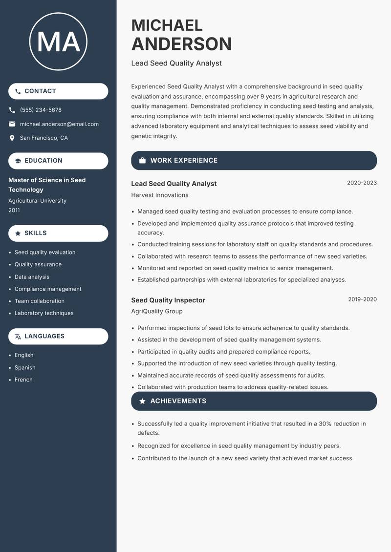 Seed Quality Analyst resume template — Compact