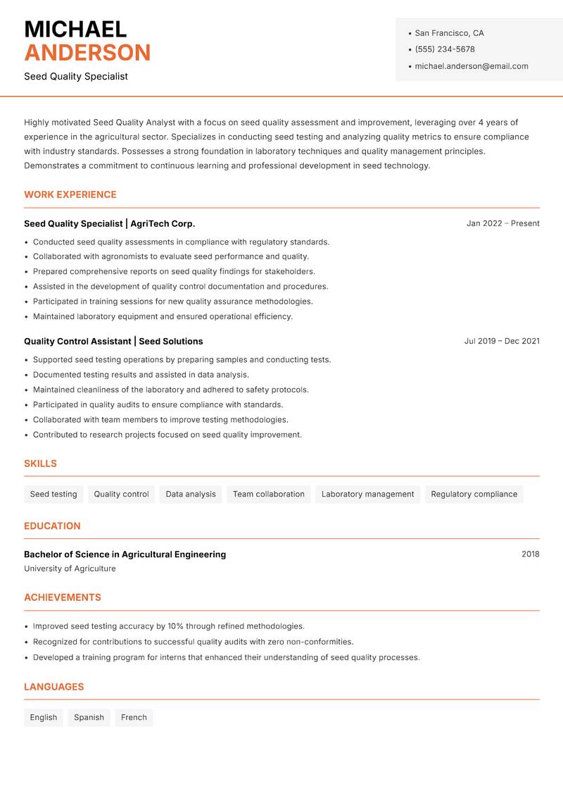 Seed Quality Analyst resume template — Modern Professional