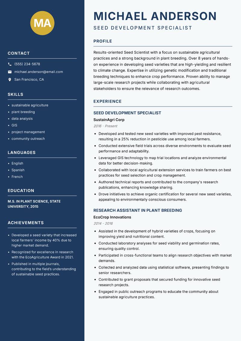 Seed Scientist resume template — Classic Clean