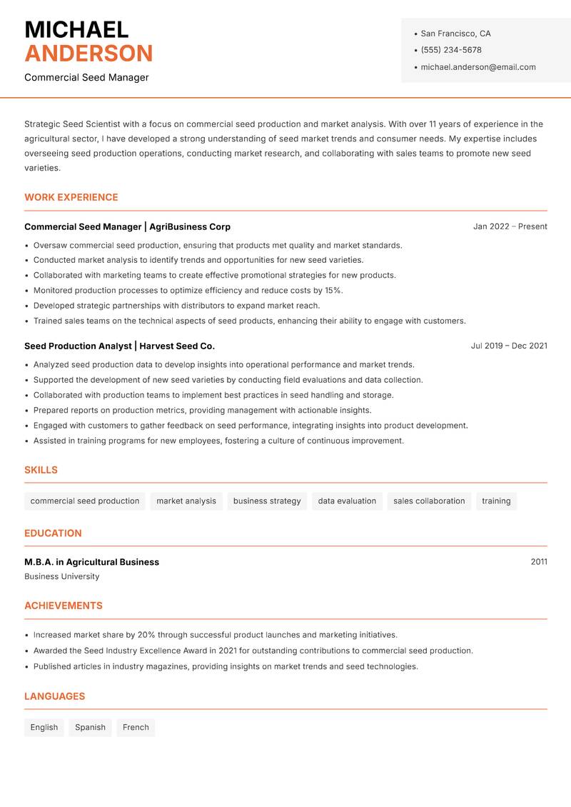 Seed Scientist resume template — Modern Professional
