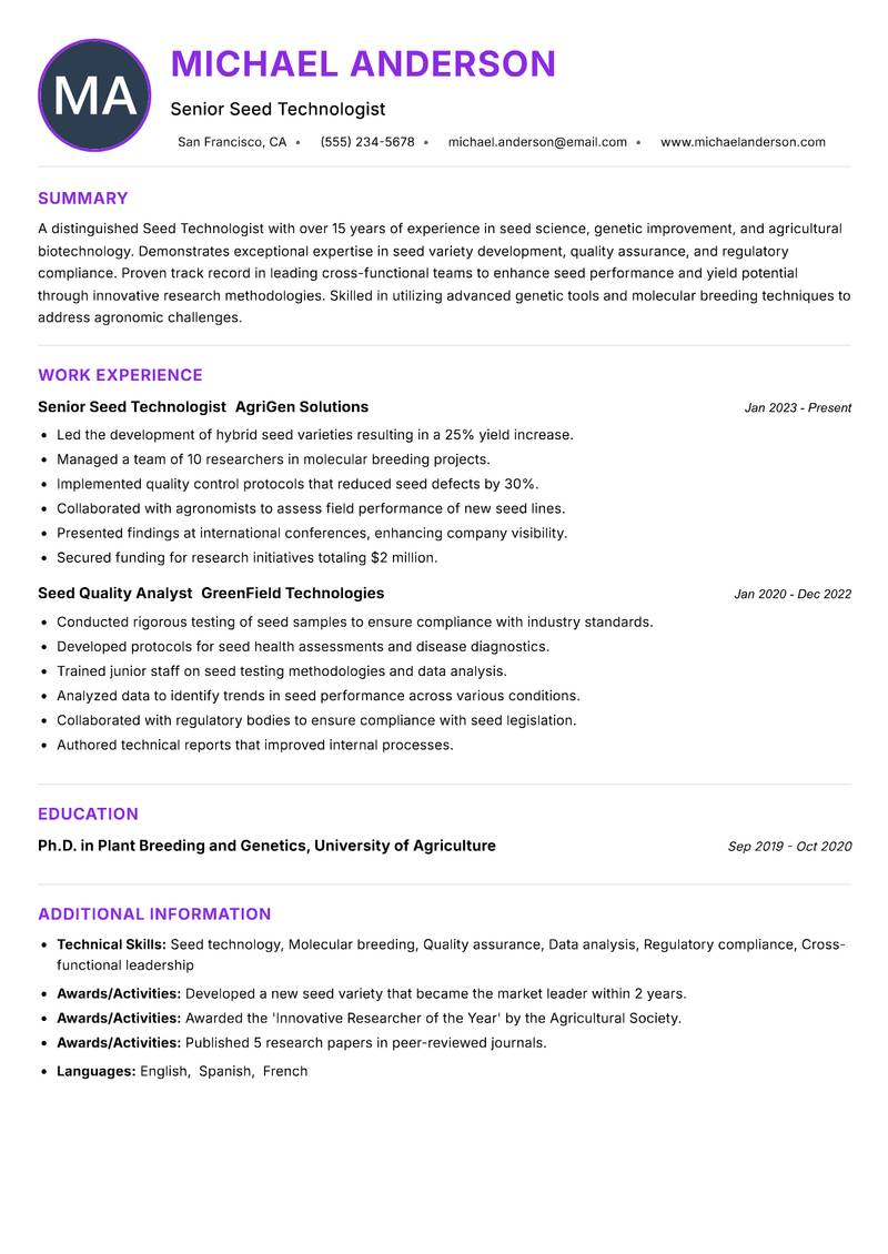 Seed Technologist resume example — ATS-friendly template