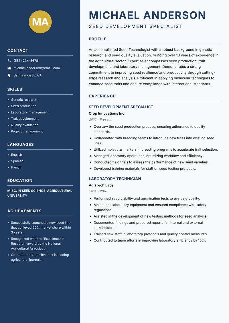 Seed Technologist resume template — Classic Clean