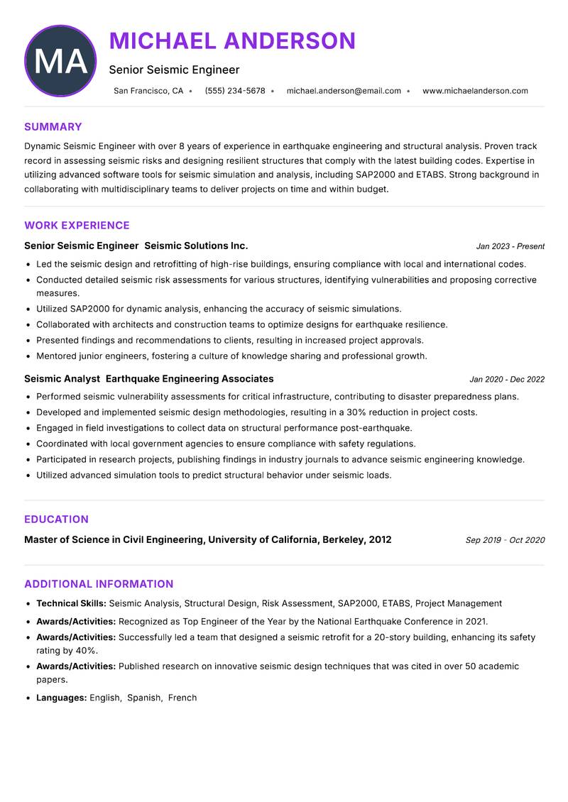 Seismic Engineer resume example — ATS-friendly template