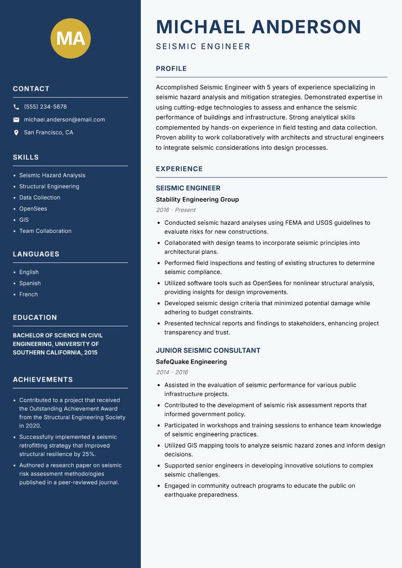 Seismic Engineer resume template — Classic Clean