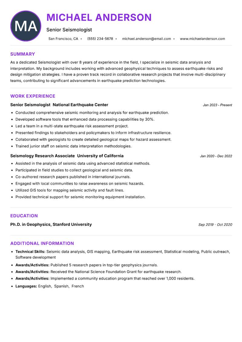 Seismologist resume example — ATS-friendly template