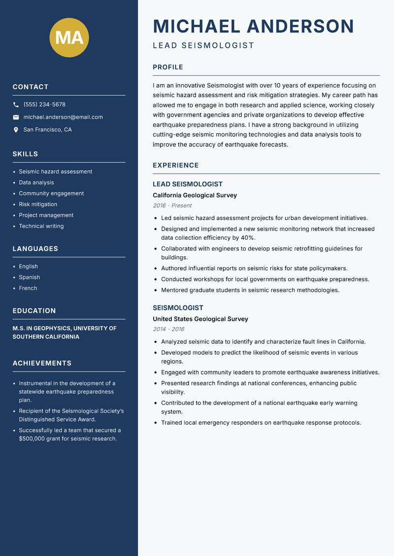 Seismologist resume template — Classic Clean