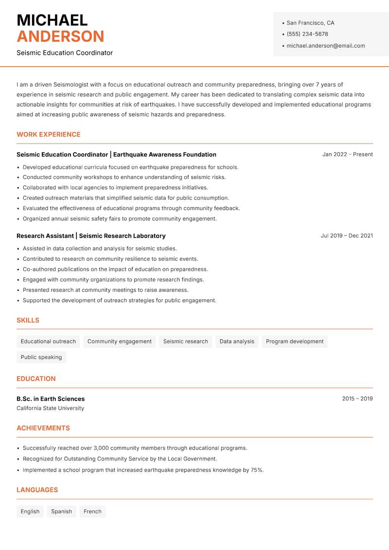 Seismologist resume template — Modern Professional