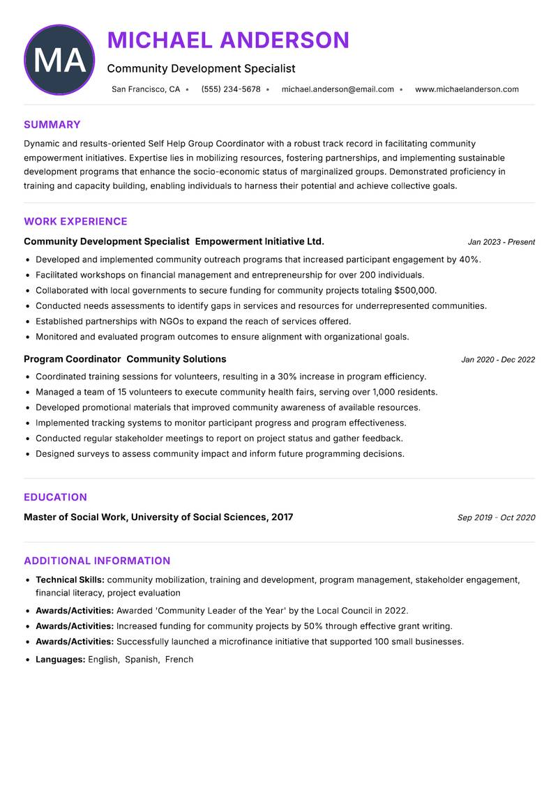 Self Help Group Coordinator resume example — ATS-friendly template