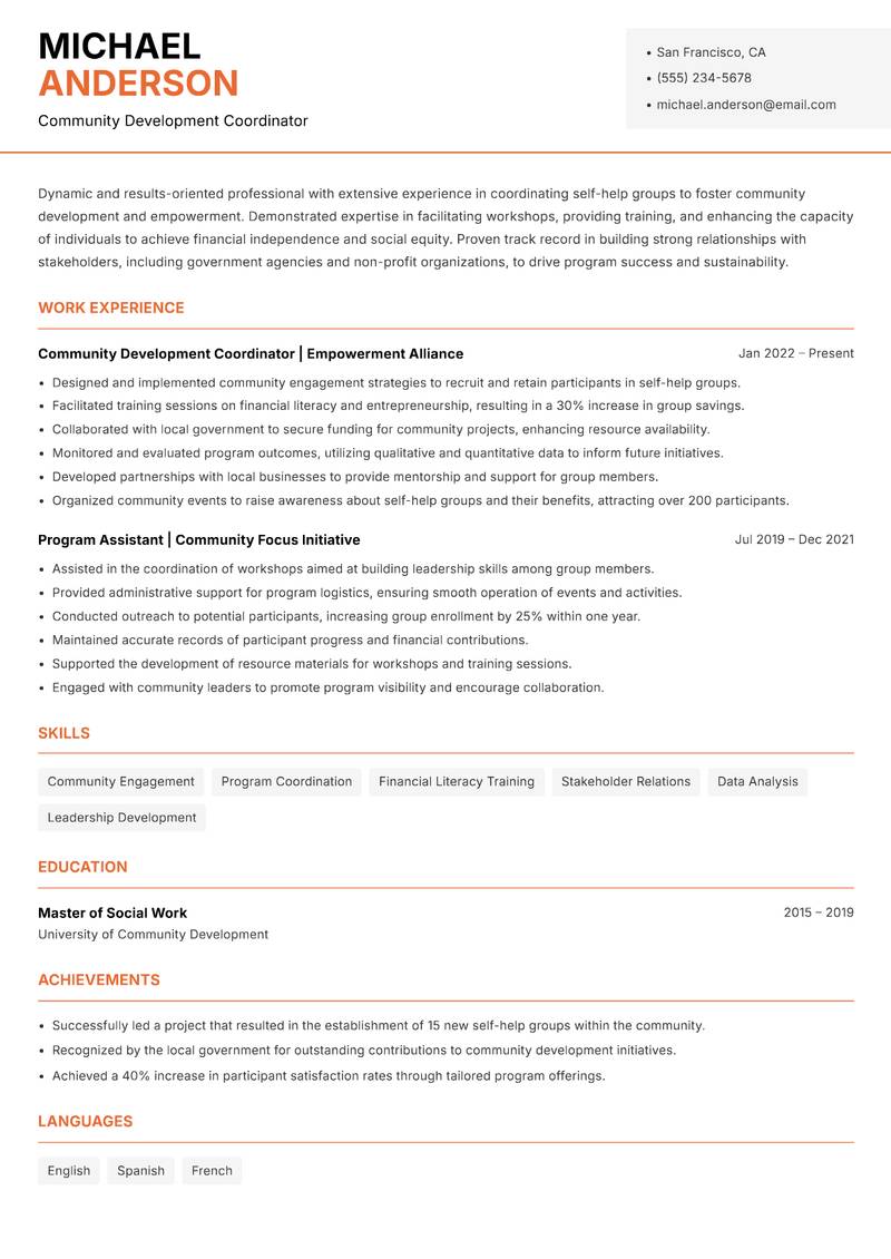 Self Help Group Coordinator resume template — Modern Professional