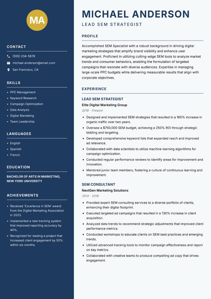 SEM Specialist resume template — Classic Clean