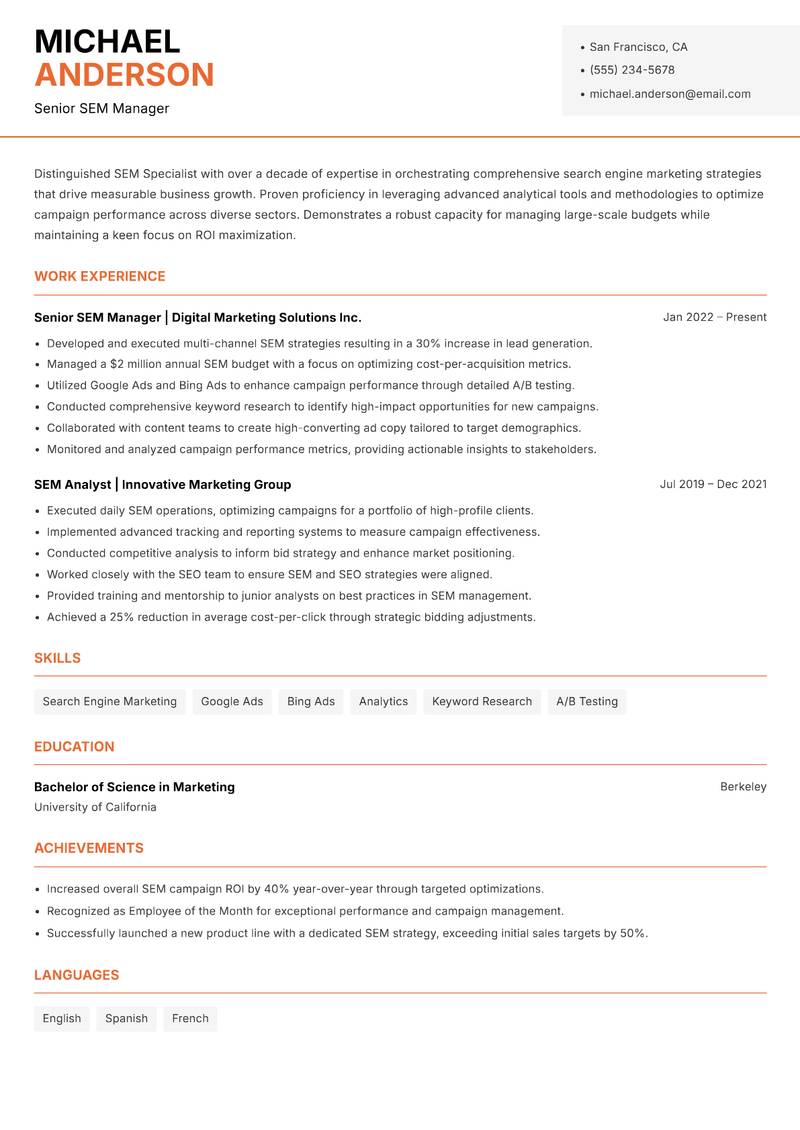 SEM Specialist resume template — Modern Professional