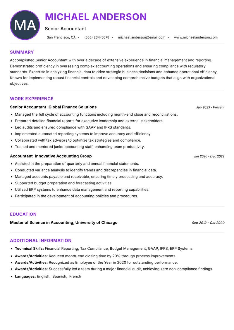 Senior Accountant resume example — ATS-friendly template