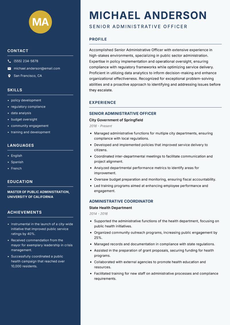 Senior Administrative Officer resume template — Classic Clean