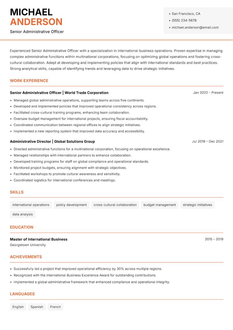 Senior Administrative Officer resume template — Modern Professional