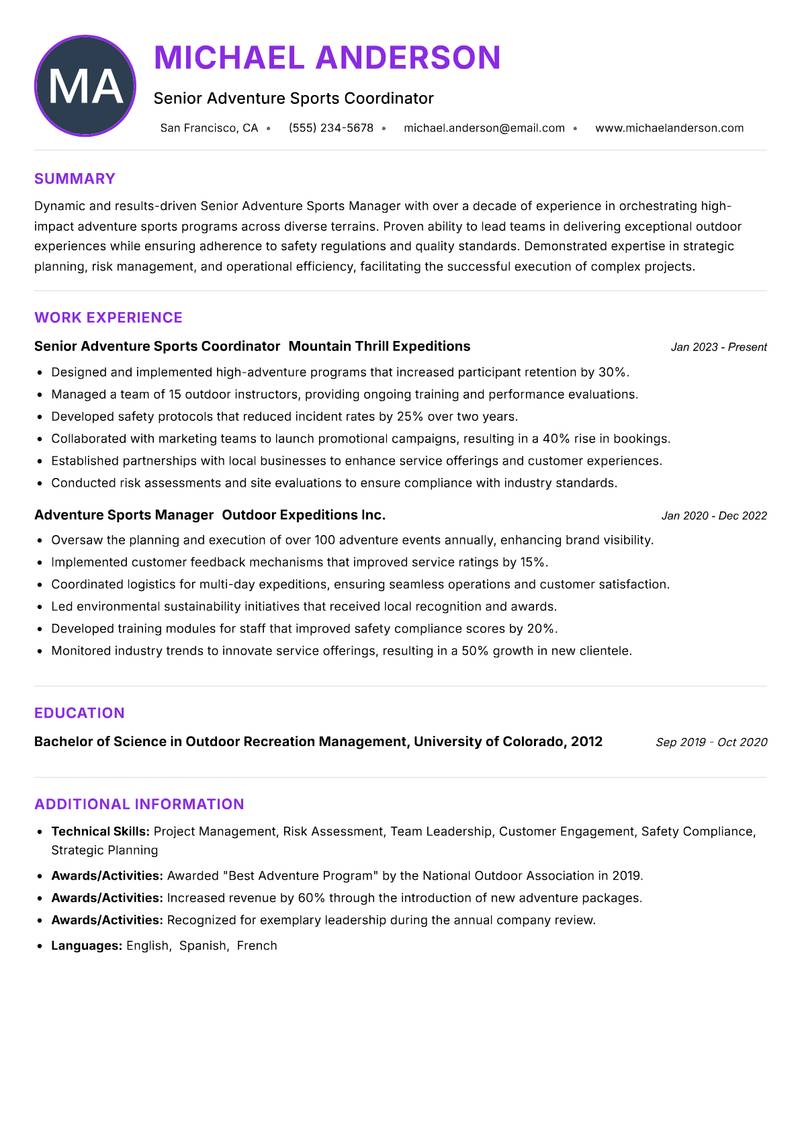Senior Adventure Sports Manager resume example — ATS-friendly template