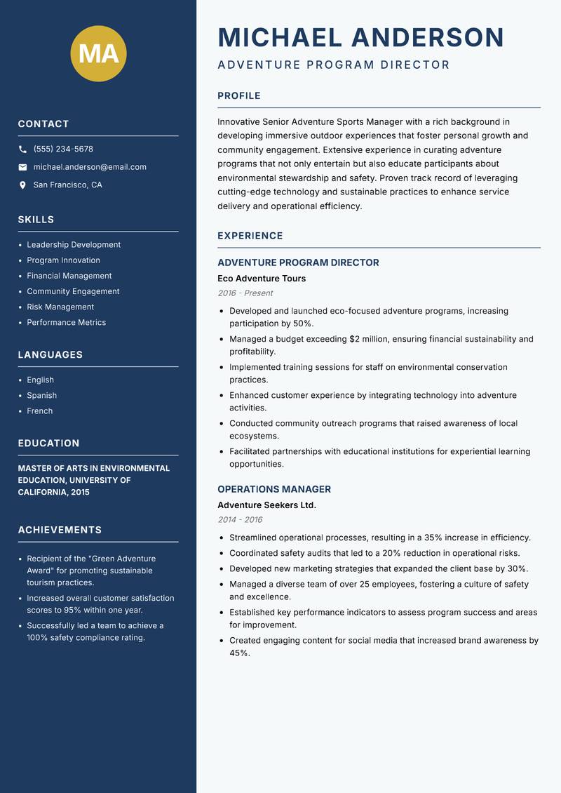 Senior Adventure Sports Manager resume template — Classic Clean