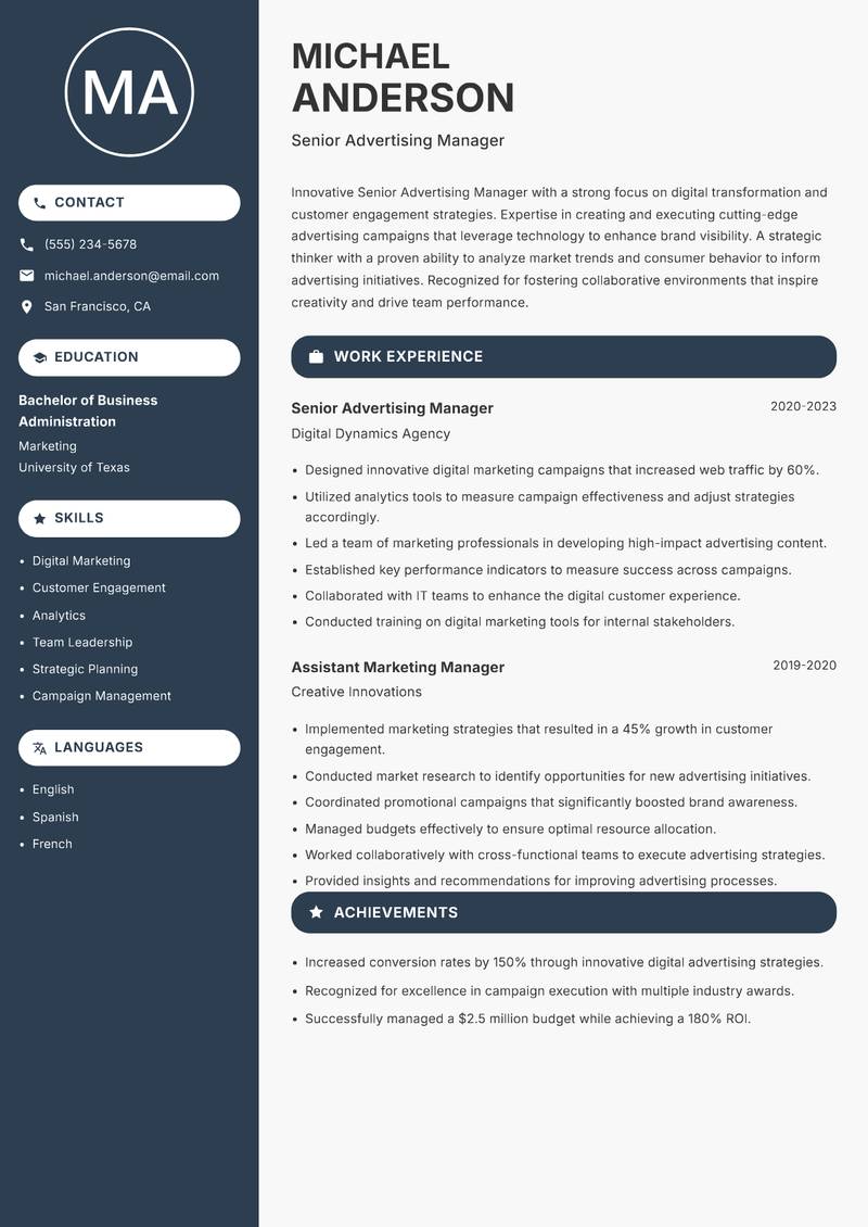 Senior Advertising Manager resume template — Compact