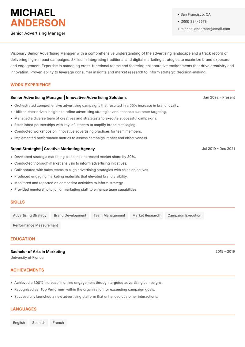 Senior Advertising Manager resume template — Modern Professional