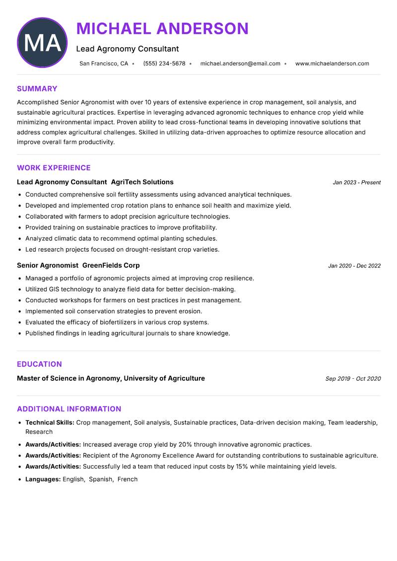 Senior Agronomist resume example — ATS-friendly template