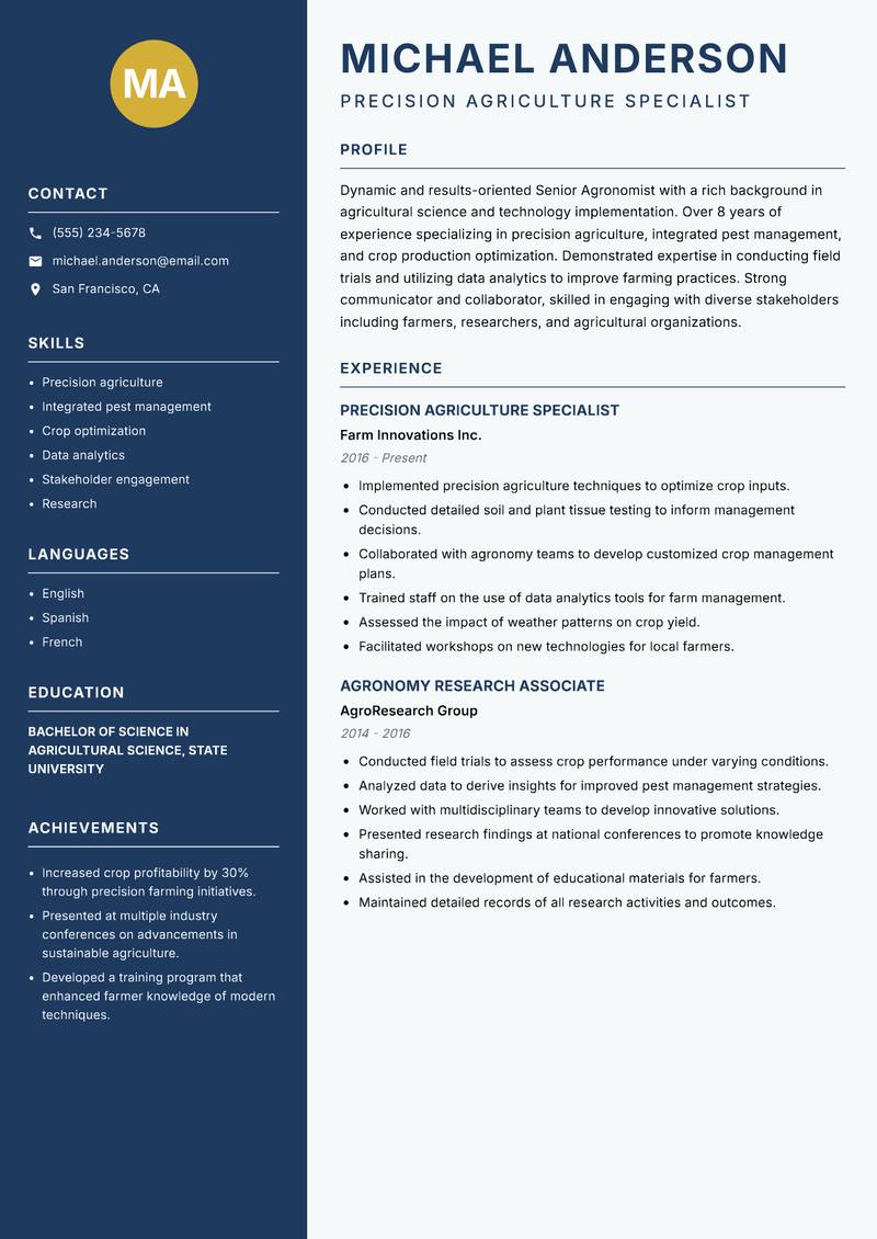 Senior Agronomist resume template — Classic Clean