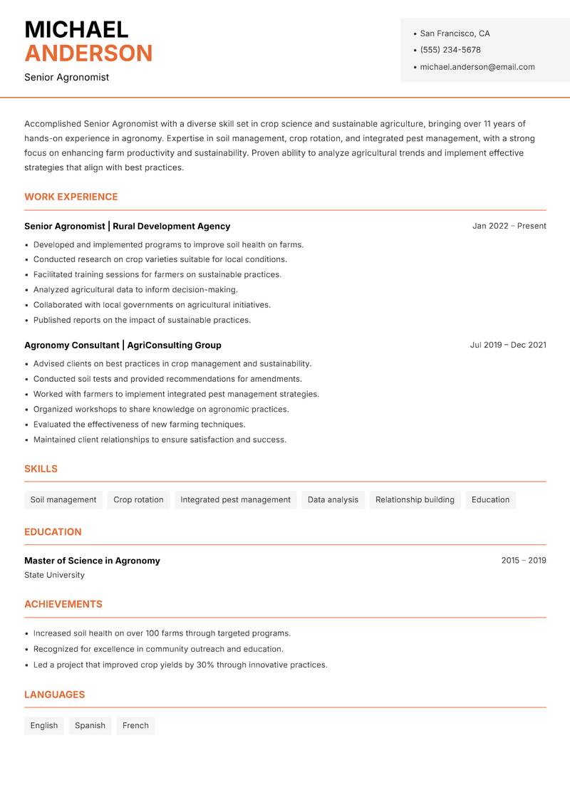 Senior Agronomist resume template — Modern Professional