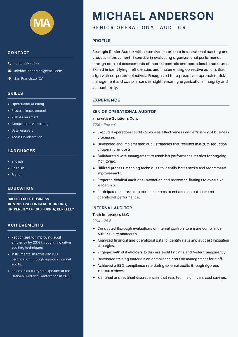 Senior Auditor resume template — Classic Clean
