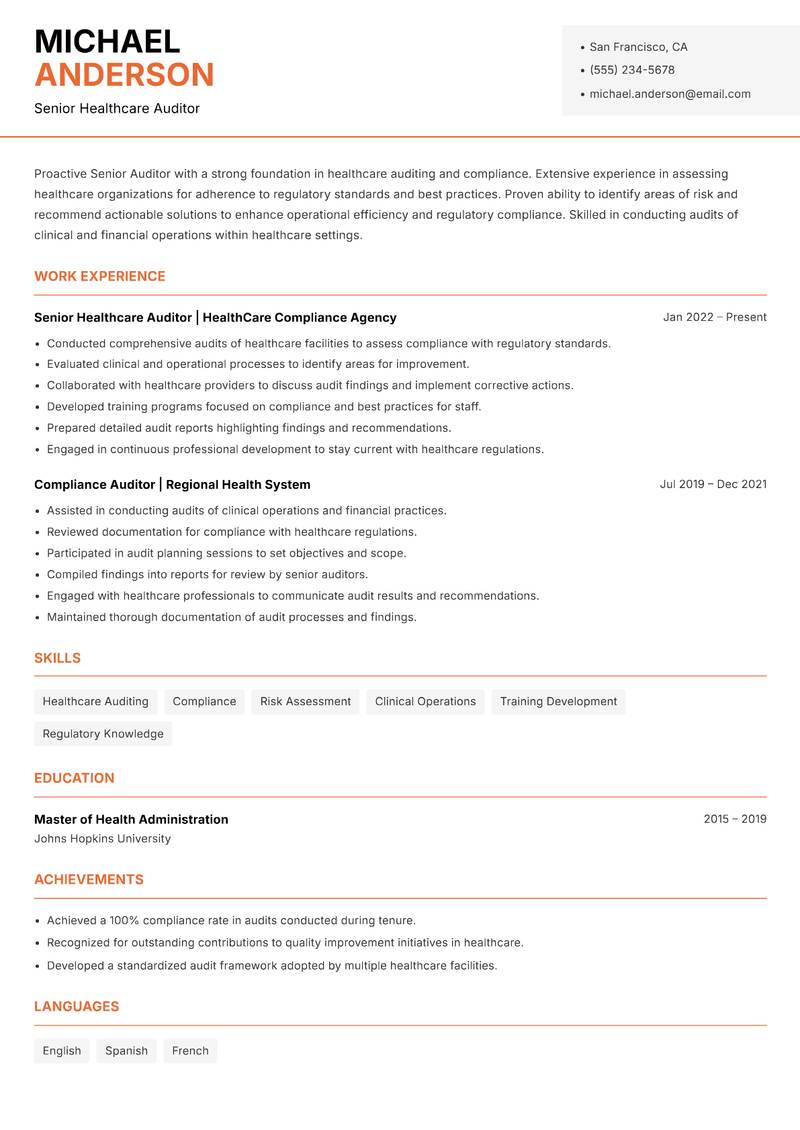 Senior Auditor resume template — Modern Professional