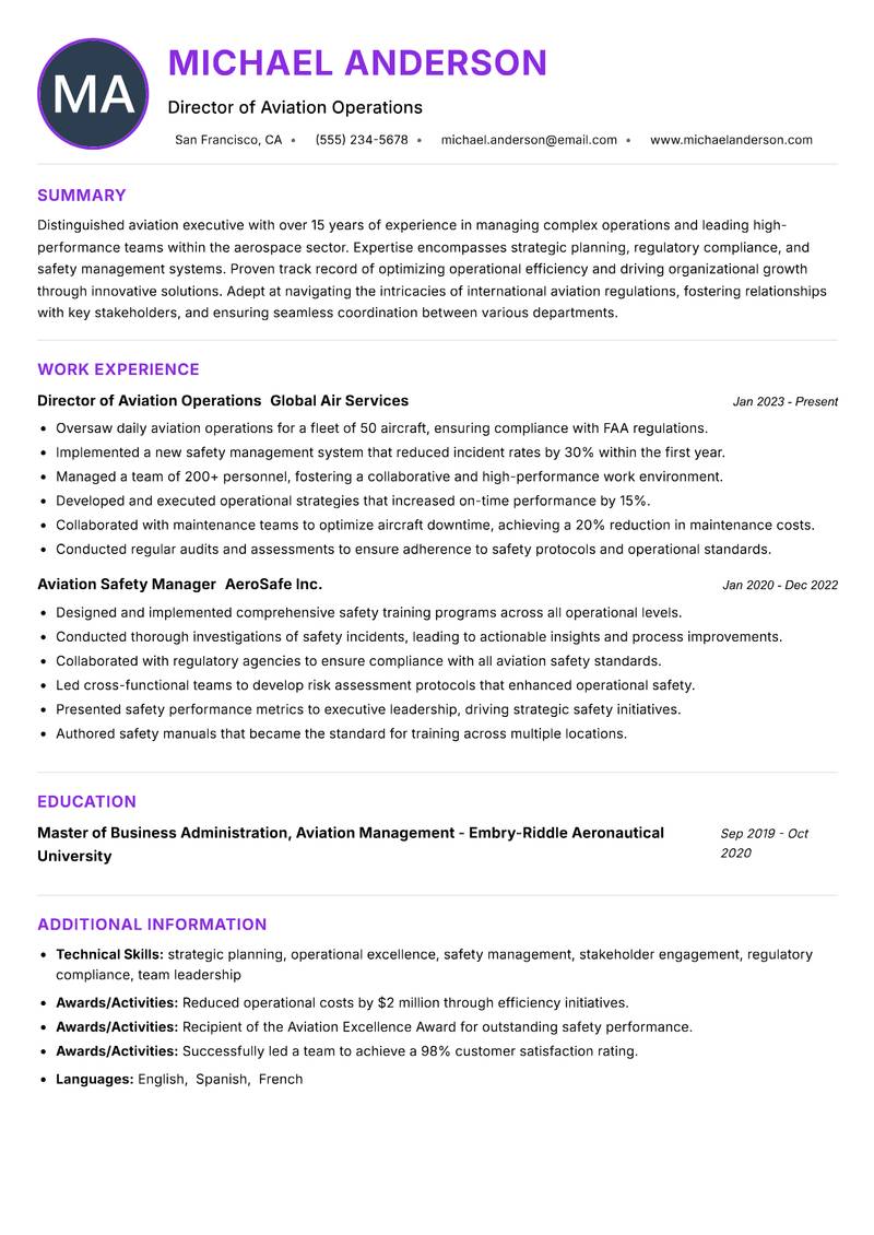Senior Aviation Manager resume example — ATS-friendly template