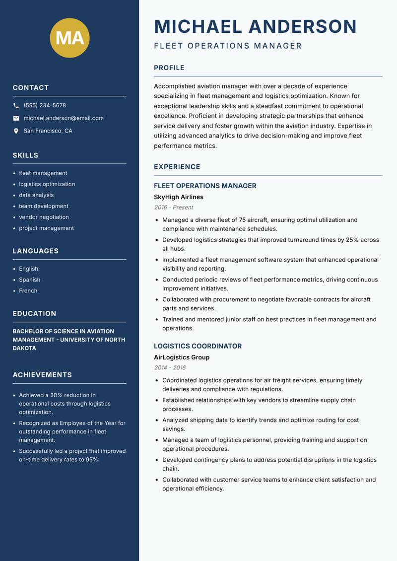 Senior Aviation Manager resume template — Classic Clean