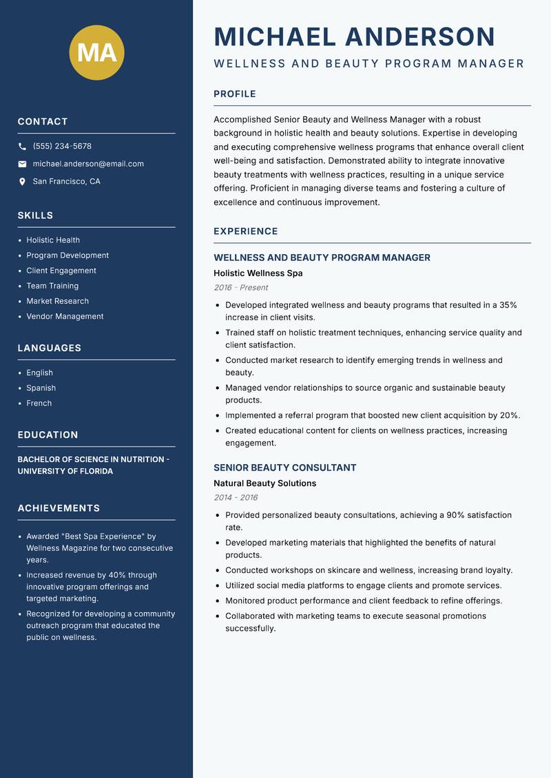 Senior Beauty and Wellness Manager resume template — Classic Clean